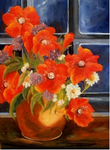 Poppies in Copper Vase, 9x12 oil, by Rosanne Francesconi 