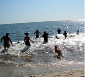 Swimmers rush into the freezing cold waves